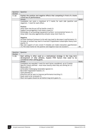 Question    Question
     Number
     3. (a)      Explain the positive and negative effects that competing in front of a home
                 crowd has on performance.
                 Answer                                                                            Marks
                 Candidates can score a maximum of 3 marks for each side (positive and
                 negative). 1 mark for each effect.

                 Positive
                 Away team may be put off by hostile crowd (1)
                 Support/encouragement from home crowd (1)
                 Knowledge of surroundings/equipment/surface/ environmental factors (1)
                 Away team may play aggressively and give away more fouls (1).

                 Negative
                 Increase feeling of pressure to do well may lead to decrease in performance (1)
                 Increase of arousal may lead to inverted U hypotheses/catastrophe theory/over
                 psyche (1)
                 May lose support of own crowd if mistakes are made evaluation apprehension
                 (1).The total marks for the positive and negative must not exceed 5.              (5)


     Question   Question
     Number
     3. (b)     Goal setting is often used as a motivational strategy in the long term
                development of elite athletes. Explain FIVE factors that need to be
                considered when setting goals.
                Answer                                                                             Marks
                Candidates are awarded 1 mark for each factor considered, up to 5 marks:
                Specific/clearly defined – must know exactly what they are aiming for (1)
                Measurable (1)
                Achievable/challenging/attainable/agreed (1)
                Recorded/negotiated/realistic (1)
                Time planned (1)
                Effective/will be seen to improve performance/exciting (1)
                Goals need to be reviewed (1)
                Short term goals should be set before long term goals (1).                         (5)




52   Sample Assessment Materials           © Edexcel Limited 2007                            Edexcel GCE in PE
 