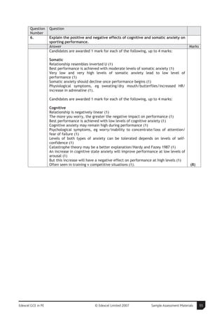 Question     Question
       Number
       6.           Explain the positive and negative effects of cognitive and somatic anxiety on
                    sporting performance.
                    Answer                                                                              Marks
                    Candidates are awarded 1 mark for each of the following, up to 4 marks:

                    Somatic
                    Relationship resembles inverted U (1)
                    Best performance is achieved with moderate levels of somatic anxiety (1)
                    Very low and very high levels of somatic anxiety lead to low level of
                    performance (1)
                    Somatic anxiety should decline once performance begins (1)
                    Physiological symptoms, eg sweating/dry mouth/butterflies/increased HR/
                    increase in adrenaline (1).

                    Candidates are awarded 1 mark for each of the following, up to 4 marks:

                    Cognitive
                    Relationship is negatively linear (1)
                    The more you worry, the greater the negative impact on performance (1)
                    Best performance is achieved with low levels of cognitive anxiety (1)
                    Cognitive anxiety may remain high during performance (1)
                    Psychological symptoms, eg worry/inability to concentrate/loss of attention/
                    fear of failure (1)
                    Levels of both types of anxiety can be tolerated depends on levels of self-
                    confidence (1)
                    Catastrophe theory may be a better explanation/Hardy and Fazey 1987 (1)
                    An increase in cognitive state anxiety will improve performance at low levels of
                    arousal (1)
                    But this increase will have a negative effect on performance at high levels (1)
                    Often seen in training v competitive situations (1).                                 (8)




Edexcel GCE in PE                             © Edexcel Limited 2007            Sample Assessment Materials     55
 