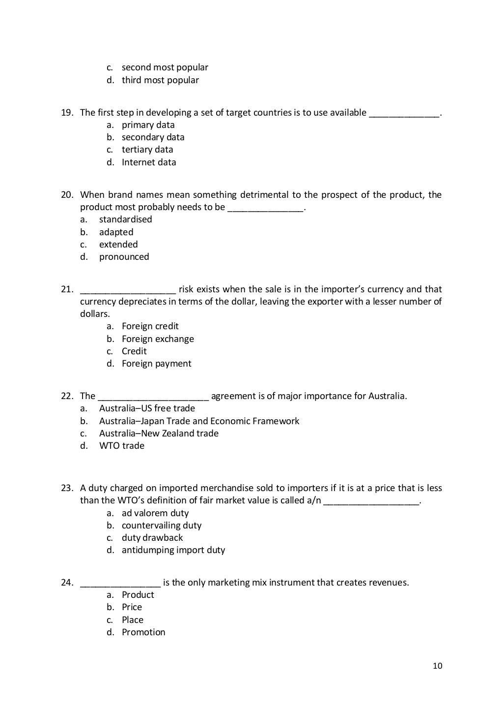 Sample MCQ Practice Questions on International Marketing (April 2014)