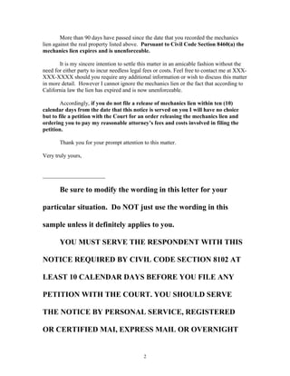 Sample California mechanics lien release demand letter