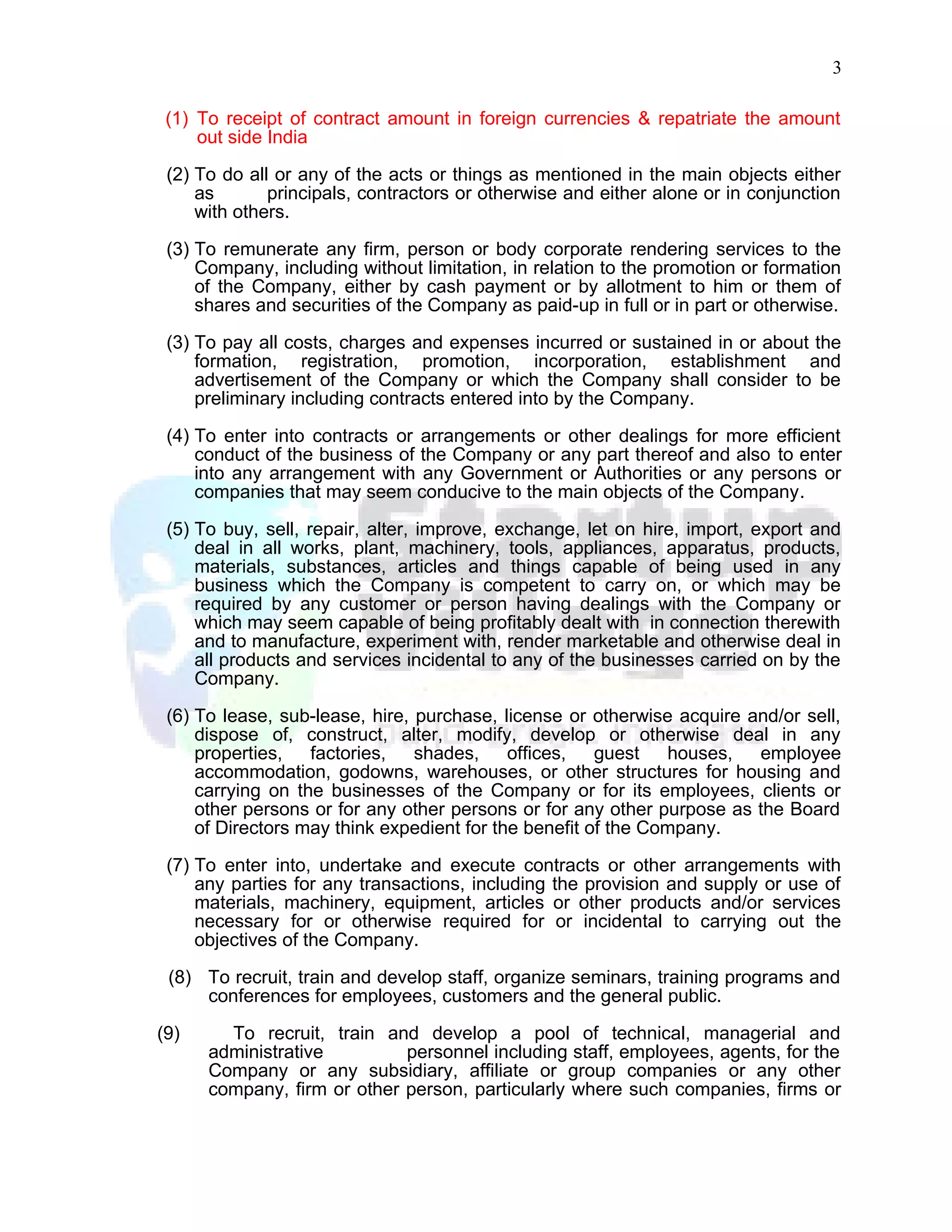 Repatriation Contract Sample Memorandum of Association (IT Firm) | DOC