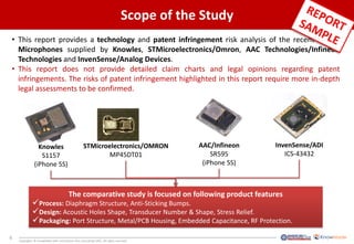 6
Copyrights © KnowMade SARL and System Plus Consulting SARL. All rights reserved.
Scope of the Study
• This report provides a technology and patent infringement risk analysis of the recent MEMS
Microphones supplied by Knowles, STMicroelectronics/Omron, AAC Technologies/Infineon
Technologies and InvenSense/Analog Devices.
• This report does not provide detailed claim charts and legal opinions regarding patent
infringements. The risks of patent infringement highlighted in this report require more in-depth
legal assessments to be confirmed.
InvenSense/ADI
ICS-43432
The comparative study is focused on following product features
Process: Diaphragm Structure, Anti-Sticking Bumps.
Design: Acoustic Holes Shape, Transducer Number & Shape, Stress Relief.
Packaging: Port Structure, Metal/PCB Housing, Embedded Capacitance, RF Protection.
STMicroelectronics/OMRON
MP45DT01
AAC/Infineon
SR595
(iPhone 5S)
Knowles
S1157
(iPhone 5S)
 