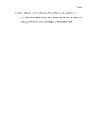 Angeli 10

Nicholson, John. The Farmer’s Assistant; Being a Digest of All That Relates to

       Agriculture and the Conducting of Rural Affairs; Alphabetically Arranged and

       Adapted for the United States. [Philadelphia]: Warner, 1820. Print.
 