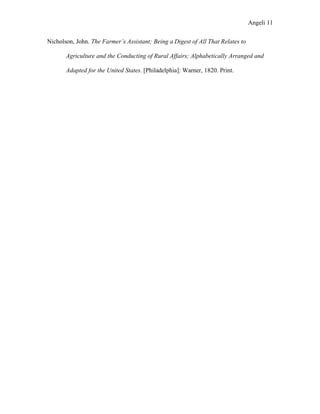 Angeli 11

Nicholson, John. The Farmer’s Assistant; Being a Digest of All That Relates to

       Agriculture and the Conducting of Rural Affairs; Alphabetically Arranged and

       Adapted for the United States. [Philadelphia]: Warner, 1820. Print.
 