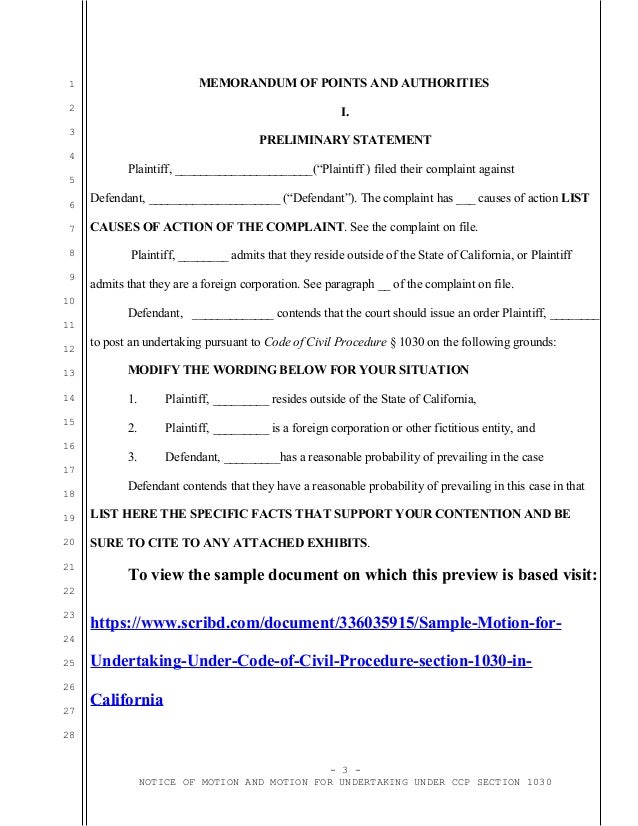 Sample motion for bond under Code of Civil Procedure section 1030 in