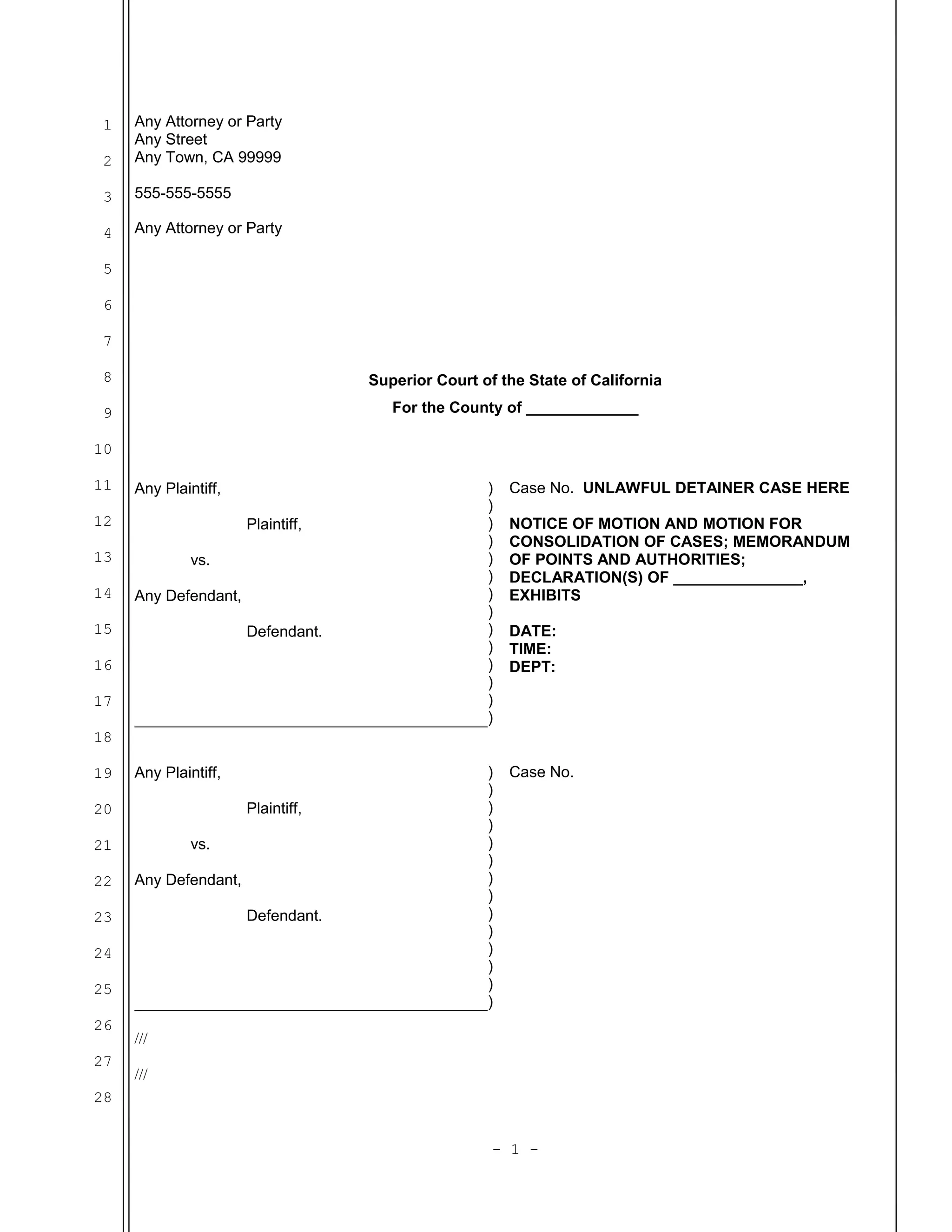 Sample motion for consolidation in unlawful detainer (eviction) in