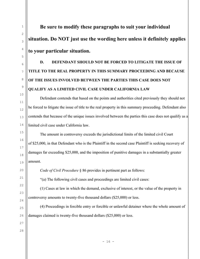 Sample motion for consolidation in unlawful detainer (eviction) in California