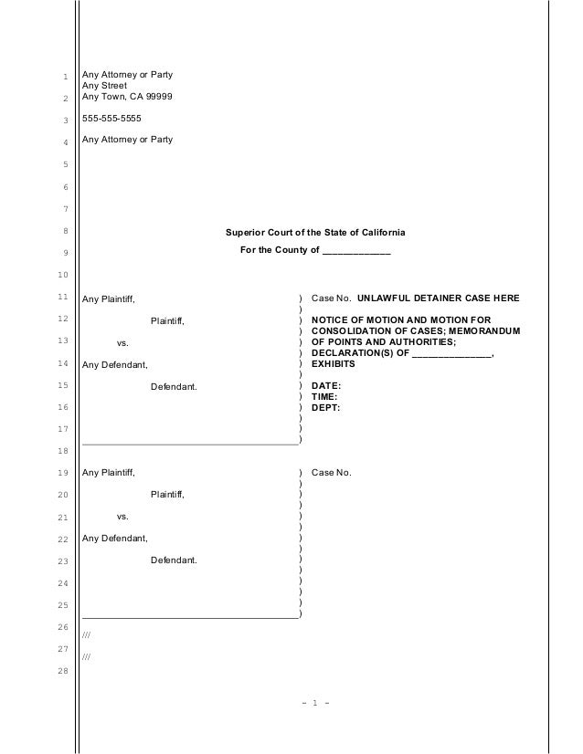 Sample motion for consolidation in unlawful detainer 