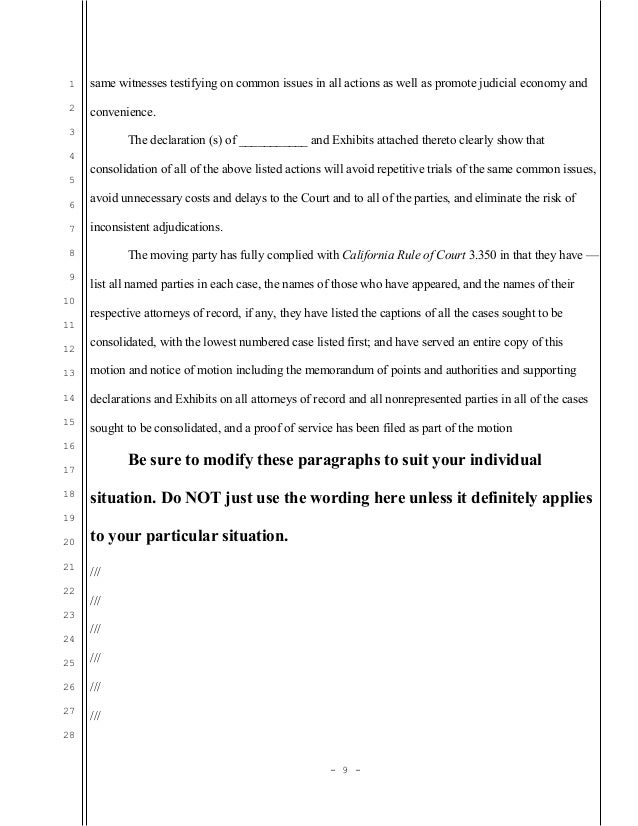 Sample motion for consolidation in unlawful detainer (eviction) in Ca…