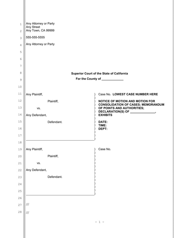 Sample motion for consolidation of cases in California | DOC | Legal ...