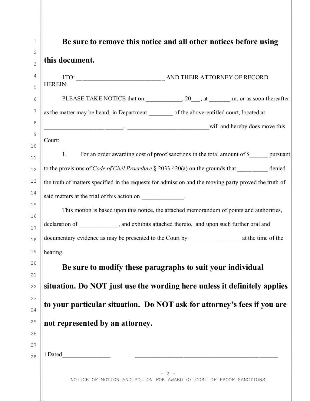 Sample motion for cost of proof sanctions in California
