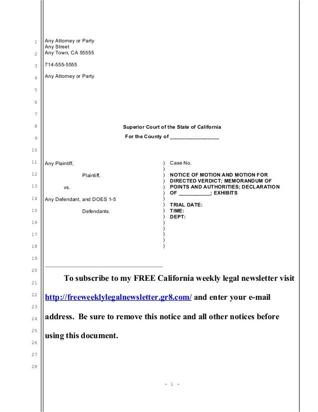 Sample motion for directed verdict for California eviction