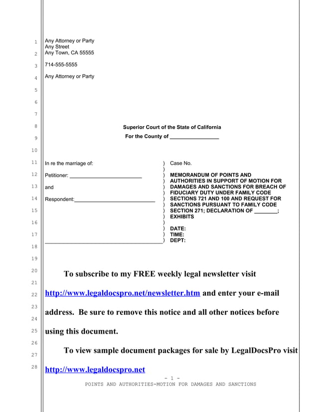 Sample motion for Family Code section 271 sanctions in California PDF
