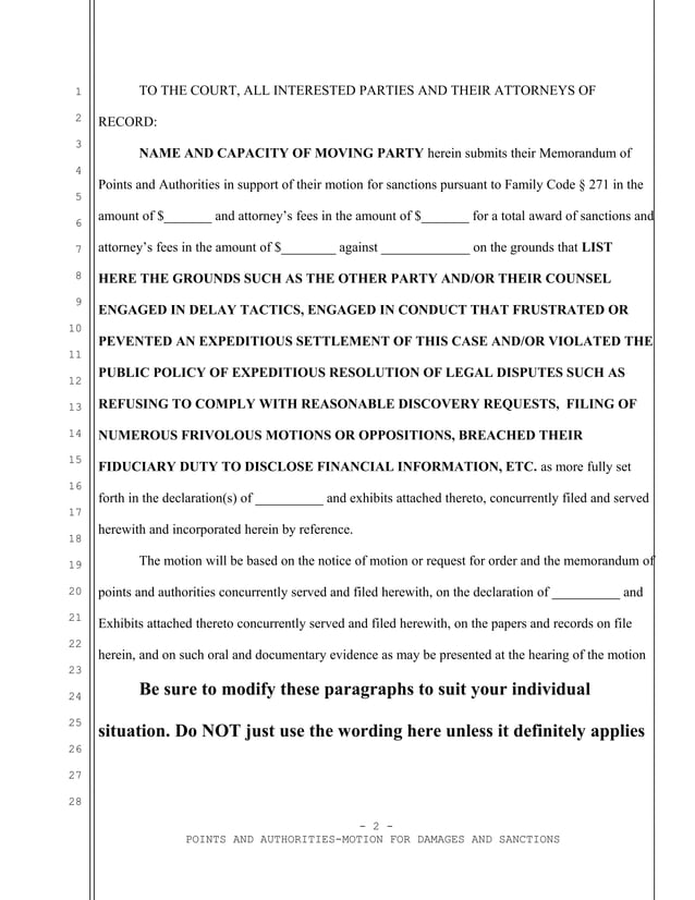 Sample motion for Family Code section 271 sanctions in California PDF
