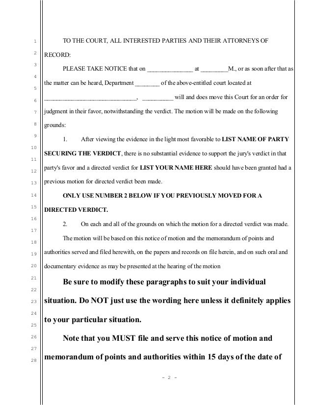 Sample motion for judgment notwithstanding the verdict for california