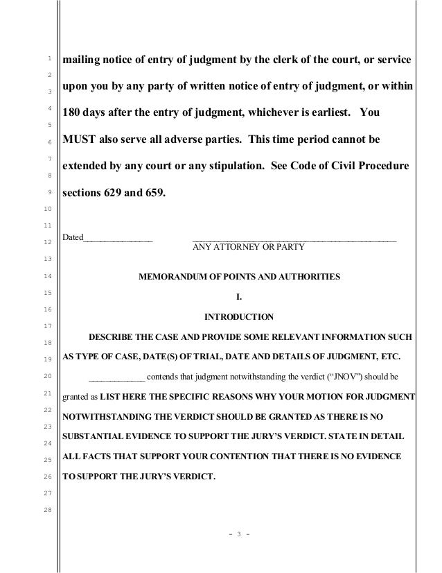 Sample motion for judgment notwithstanding the verdict for california