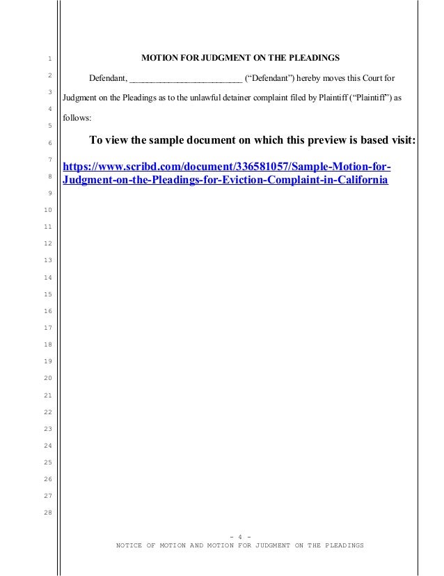 Sample motion for judgment on the pleadings to eviction complaint in