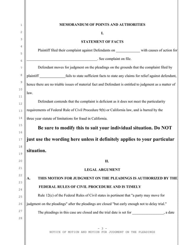 Sample motion for judgment on the pleadings under Rule 12(c) of the F…