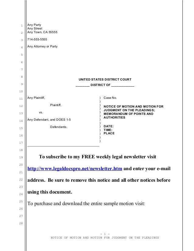 Sample motion for judgment on the pleadings under Rule 12(c) of the F…