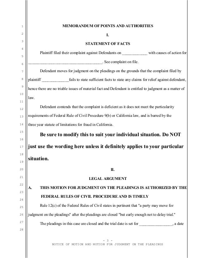 Sample motion for judgment on the pleadings under Rule 12(c) of the F…