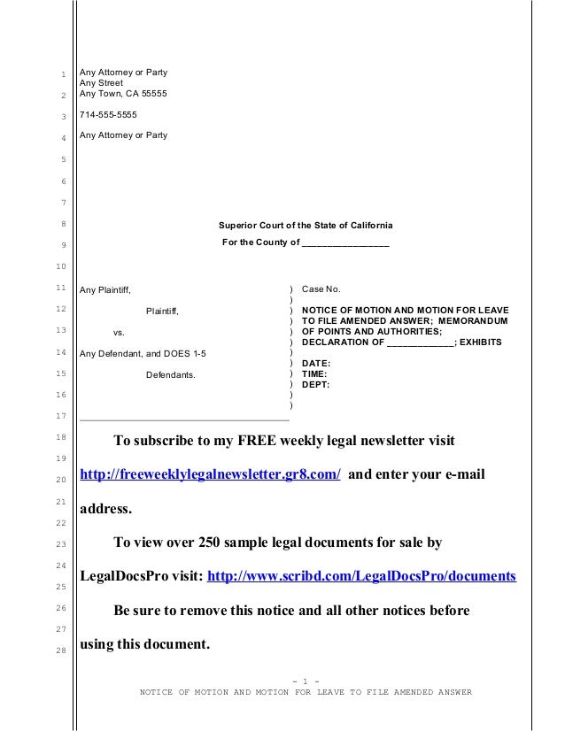 sample motion for leave to amend answer in california