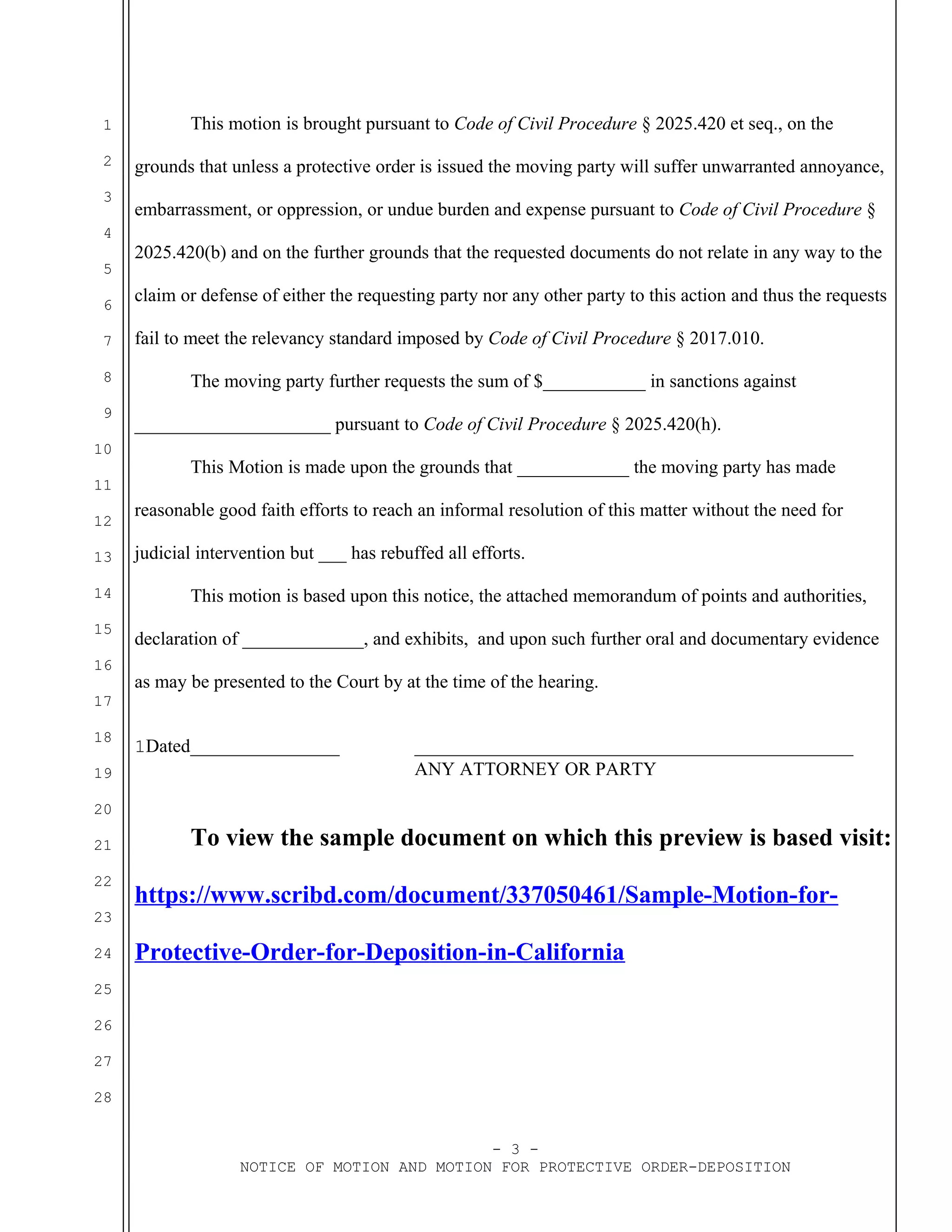 Sample motion for protective order for deposition in California PDF
