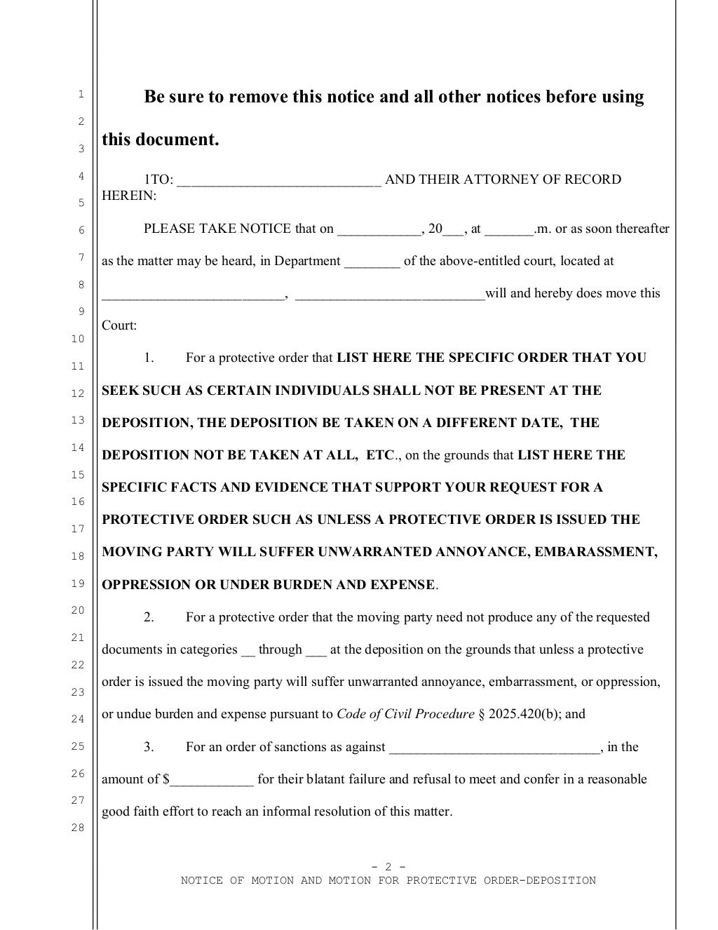 Sample motion for protective order for deposition in California