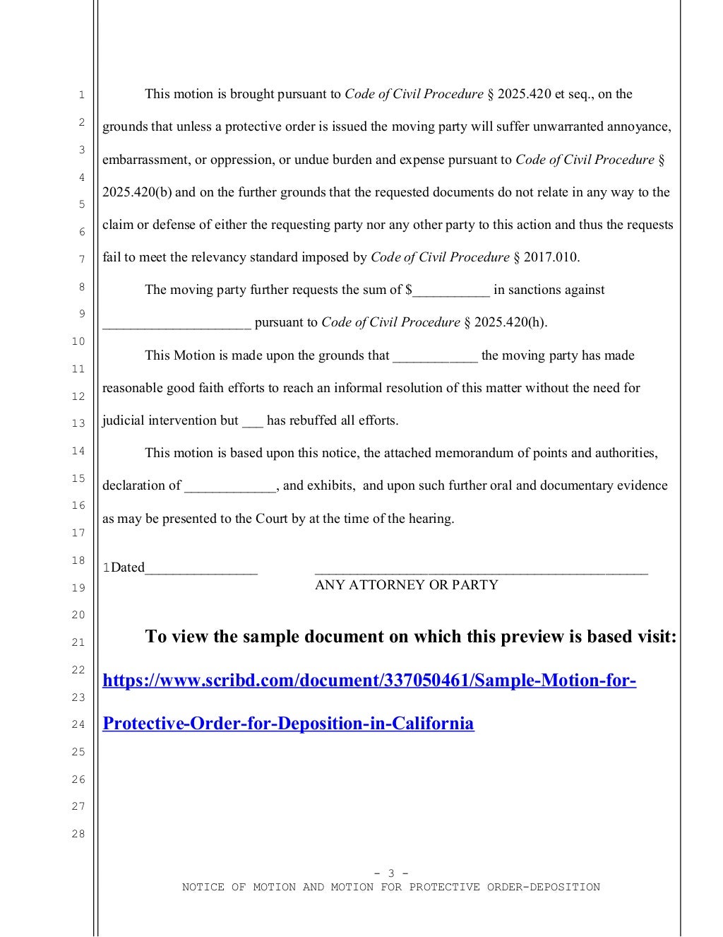Sample motion for protective order for deposition in California