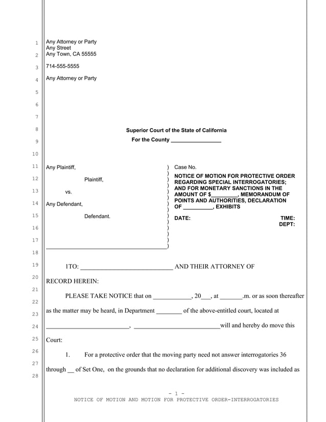 Sample California motion for protective order regarding interrogatories