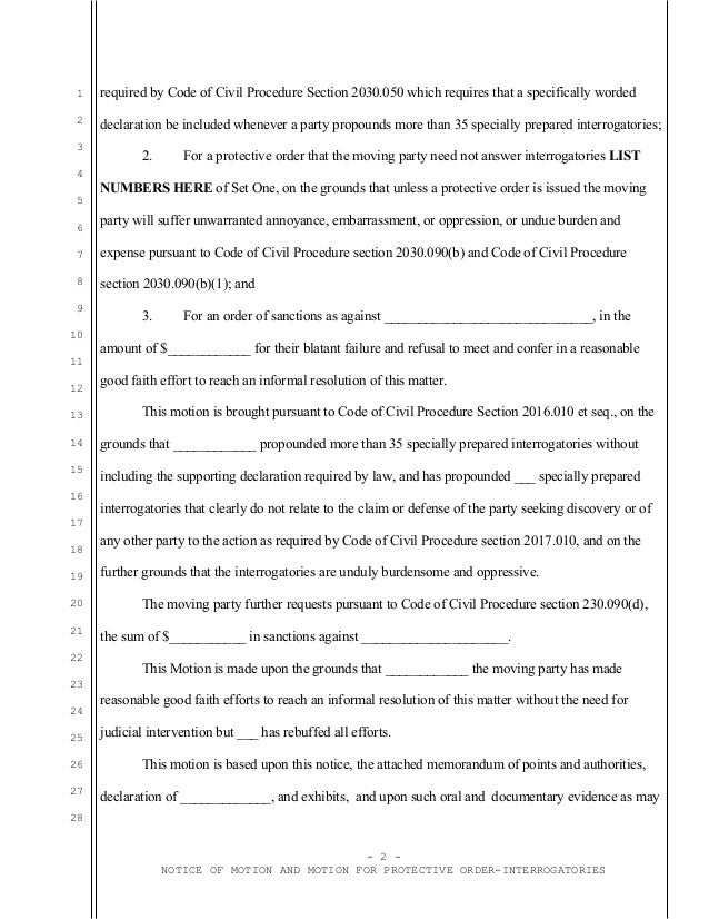 Sample California motion for protective order regarding interrogatori…