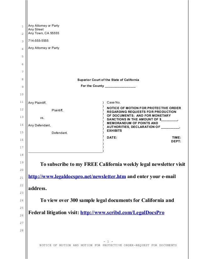 Sample motion for protective order regarding production of documents