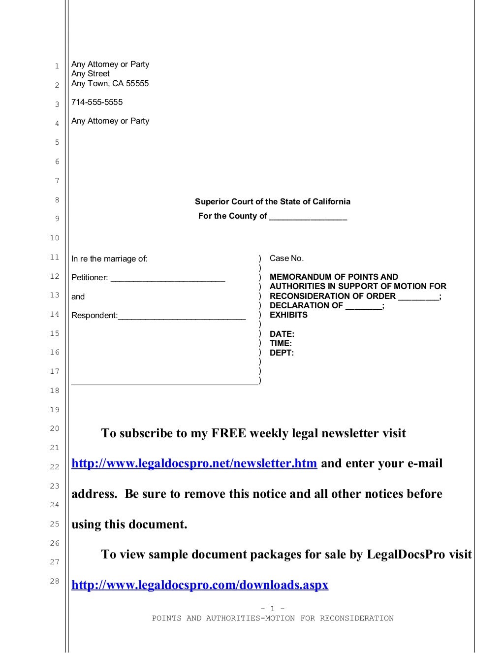 Sample motion for reconsideration for California divorce