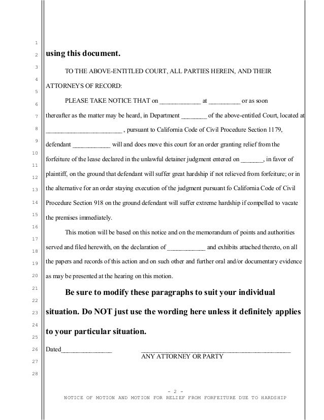 Sample motion for relief from forfeiture of lease in California