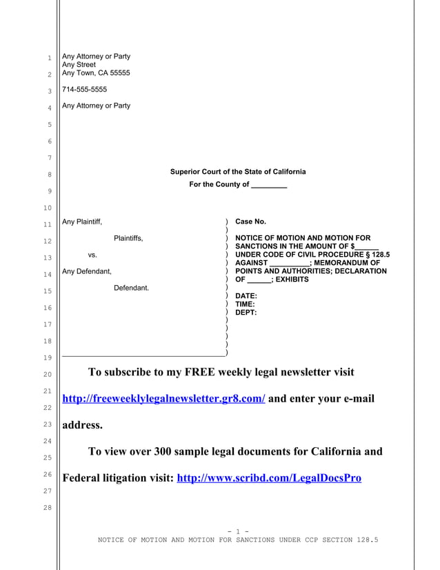 Sample motion for sanctions under Code of Civil Procedure section 128.5
