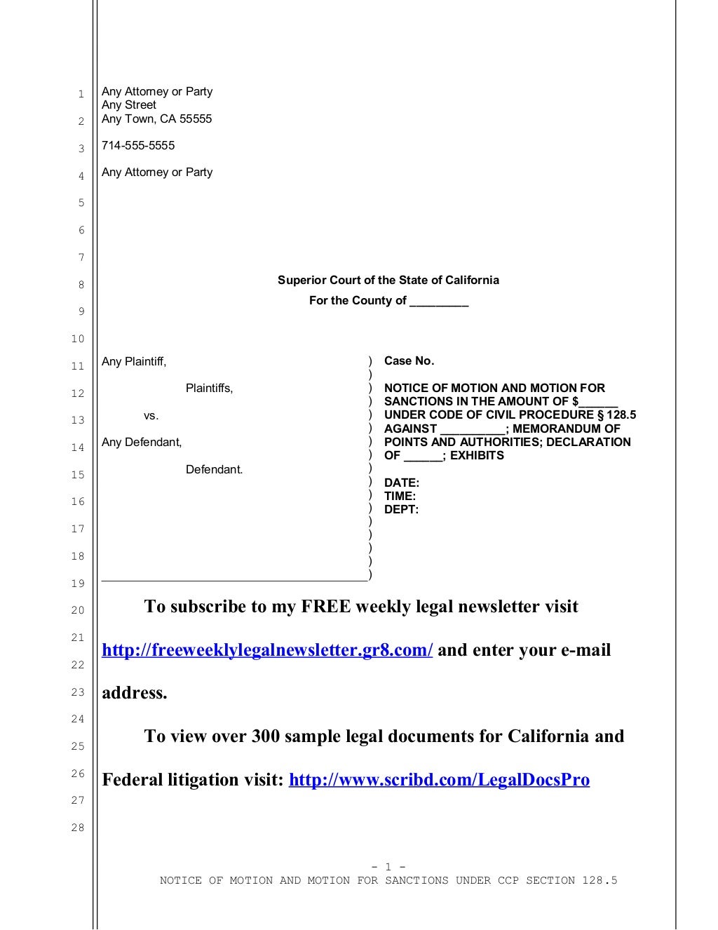 Sample motion for sanctions under Code of Civil Procedure section 128…