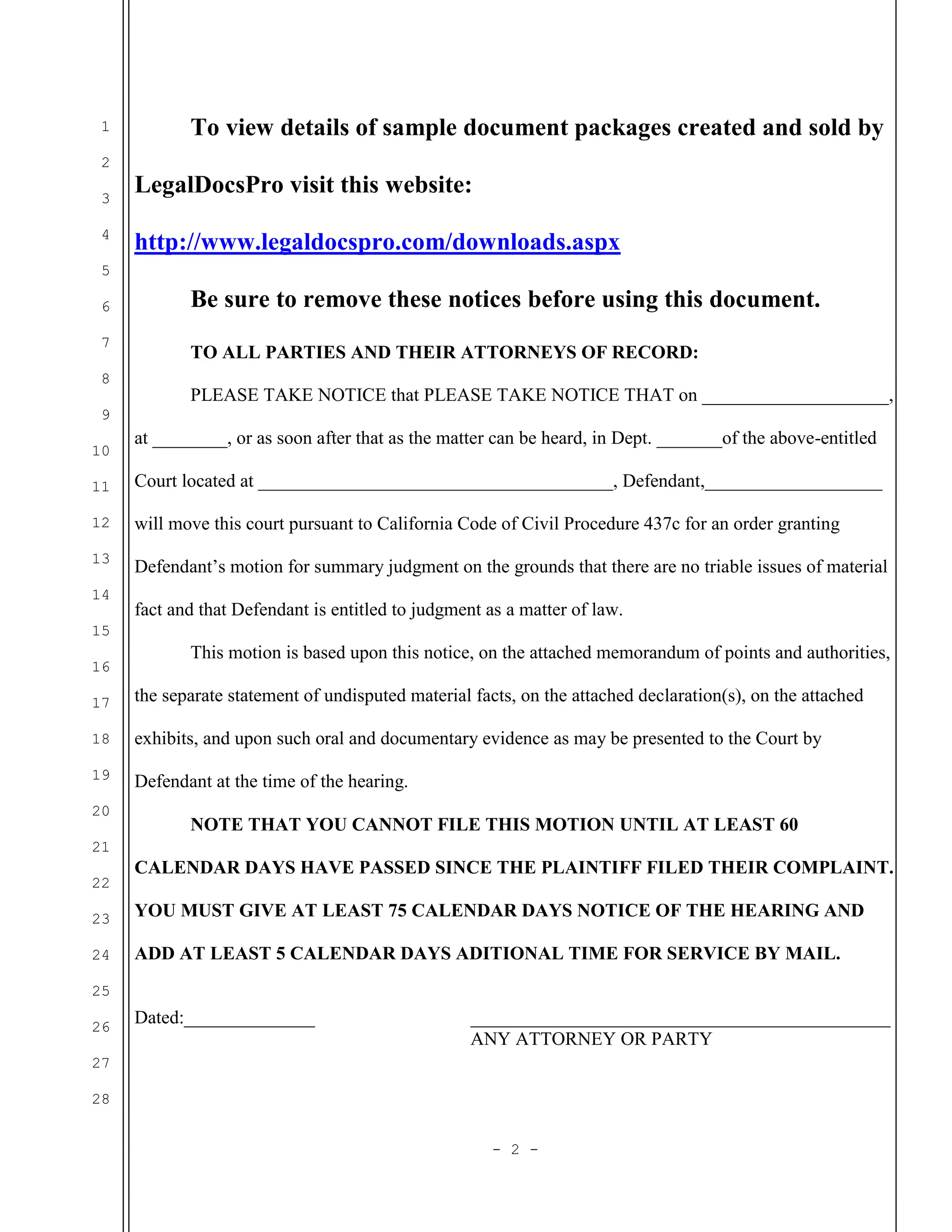 Sample motion for summary judgment by defendant in California | DOC