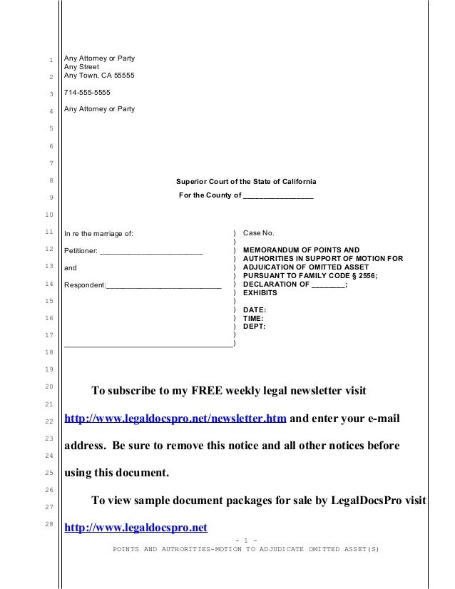 Sample motion to adjudicate omitted asset in California under Family