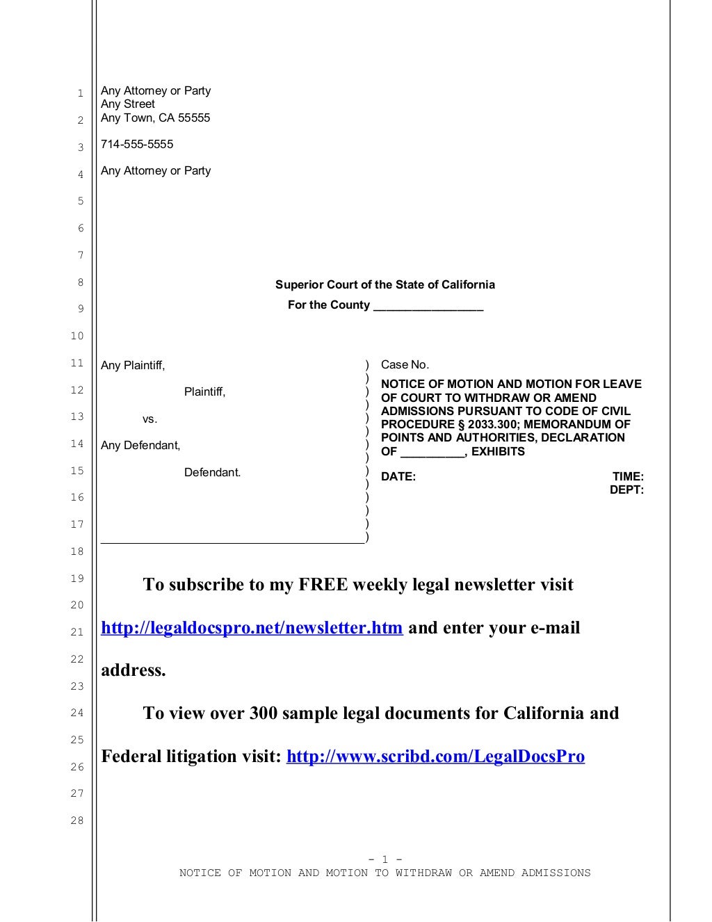 Sample motion to withdraw or amend admissions in california