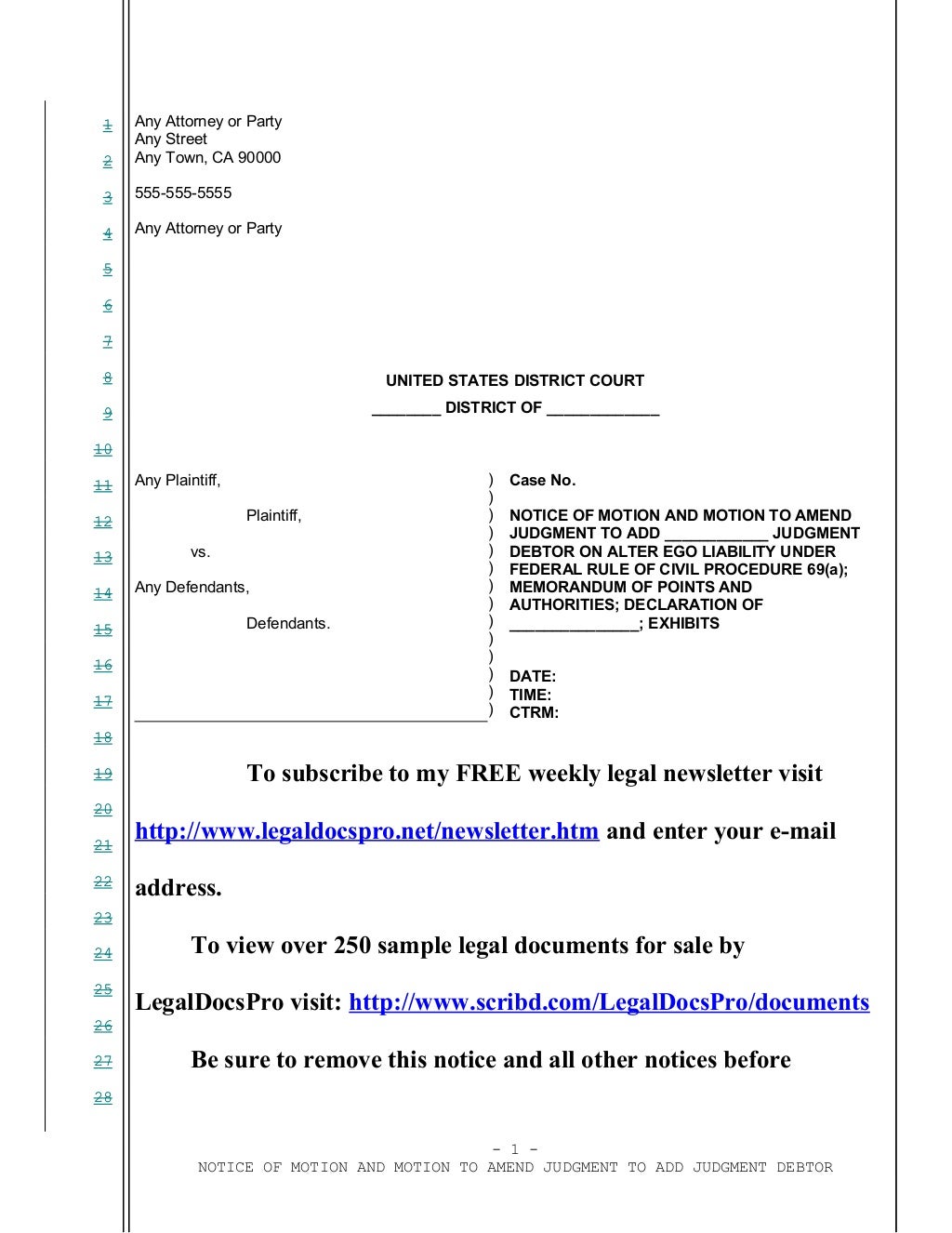 Sample motion to amend judgment to add alter ego as judgment debtor i…