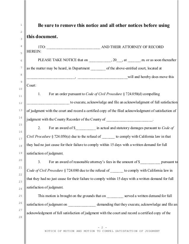 Sample motion for order compelling satisfaction of judgment in Califo…