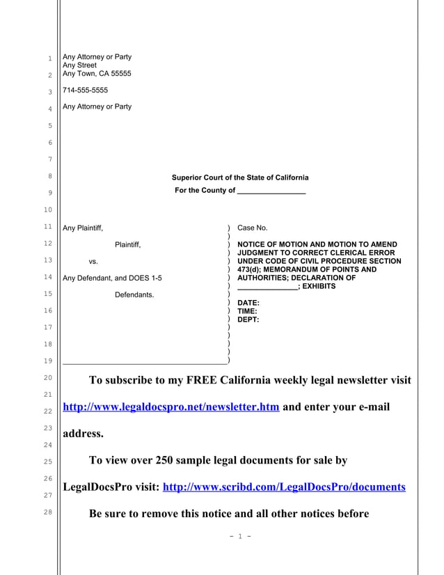 Sample motion to correct clerical error in California judgment | DOC