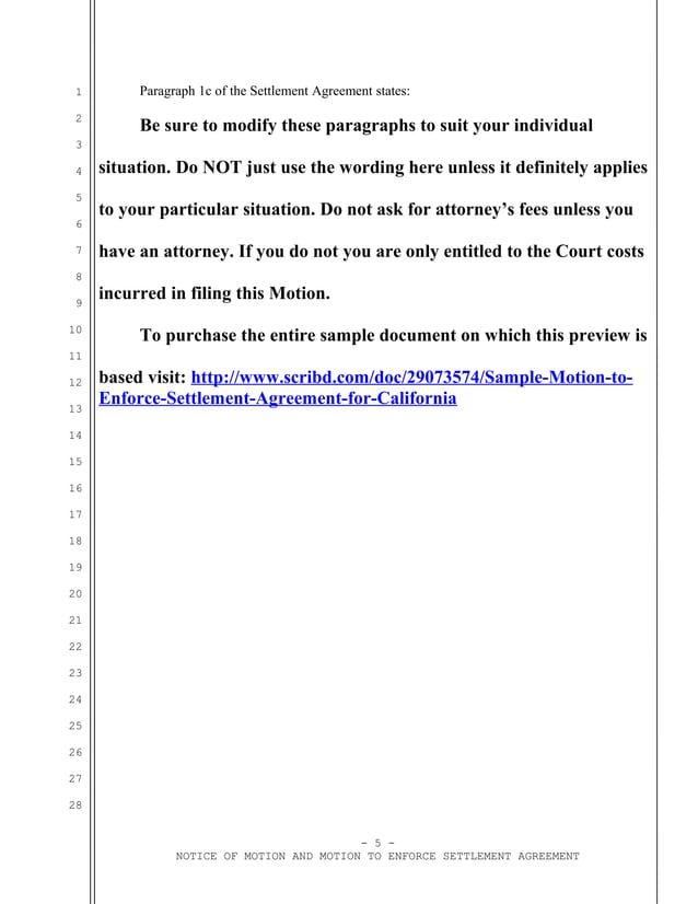 Sample california motion to enforce settlement agreement pdf