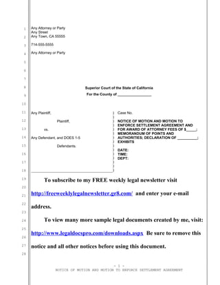 Sample California motion to enforce settlement agreement PDF