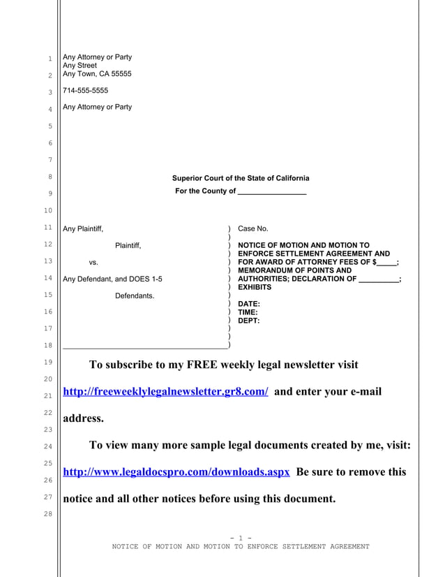 Sample California motion to enforce settlement agreement