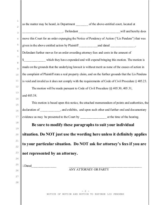 Sample Motion To Expunge Lis Pendens For California