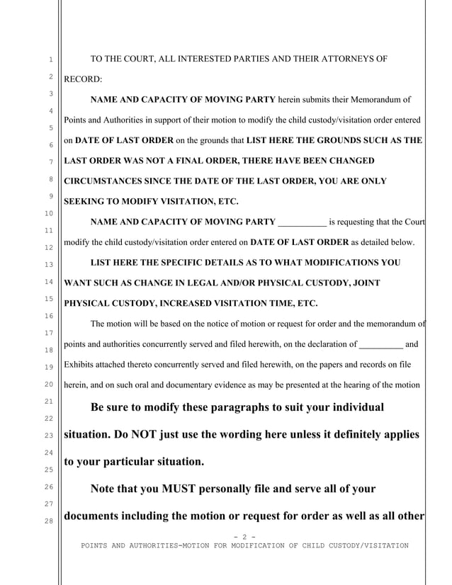 Sample Motion To Modify Child Custody And Visitation In California PDF
