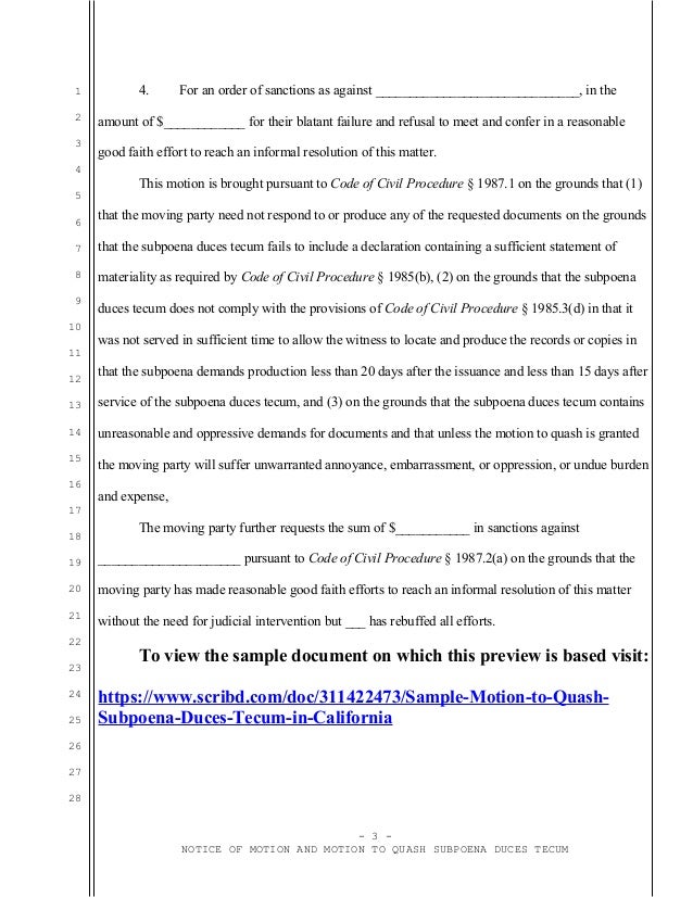 Sample motion to quash subpoena duces tecum in California