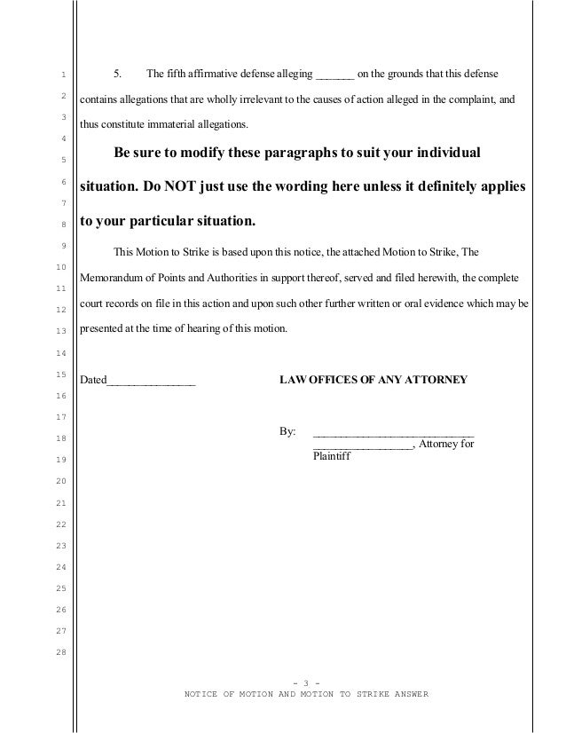 Sample California motion to strike answer