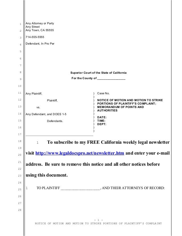 Sample california motion to strike complaint