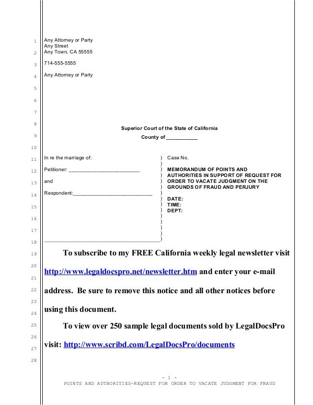 Sample motion to vacate California divorce judgment for 